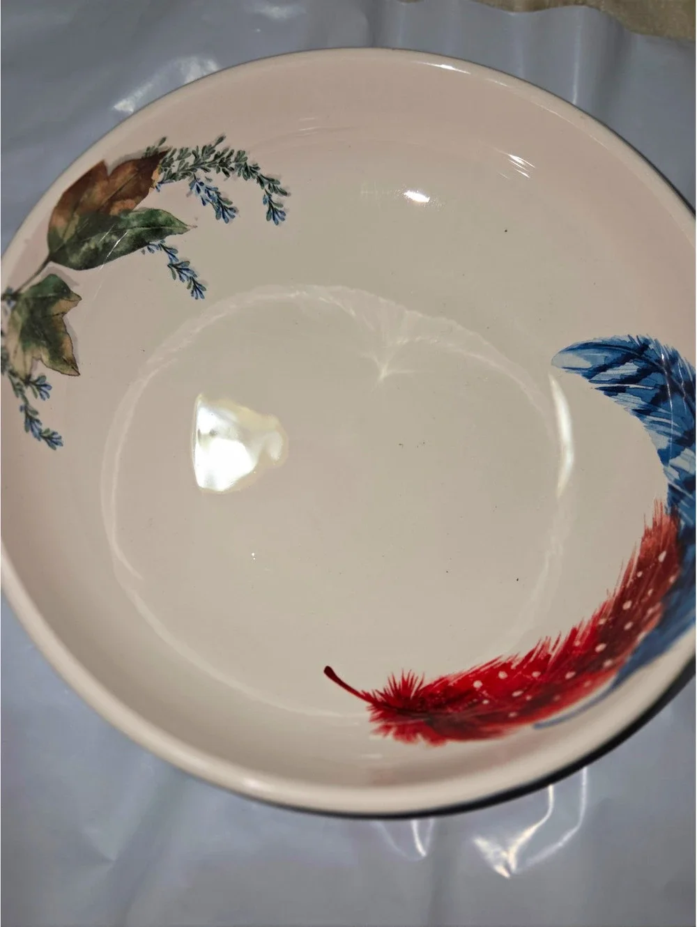 Pier 1 Feather Branch Ceramic Round Bowl, Glossy, Microwave & Dishwasher Safe